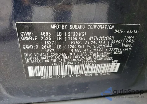 2018 Subaru Outback Touring z USA, uszkodzony, nr VIN 4S4BSATCXJ3356353